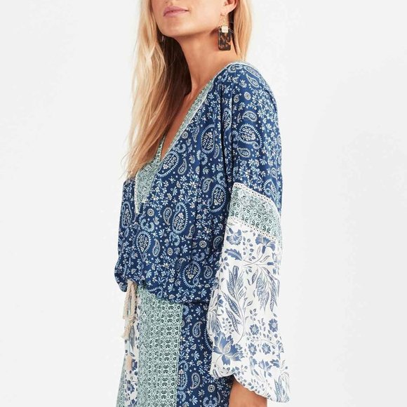 TIGERLILY Cameli Blue Patchwork Paisley Long Sleeve Blouse - Picture 3 of 12